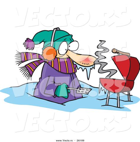 Vector Of A Freezing Cold Cartoon Man Barbecuing In Deep Snow By