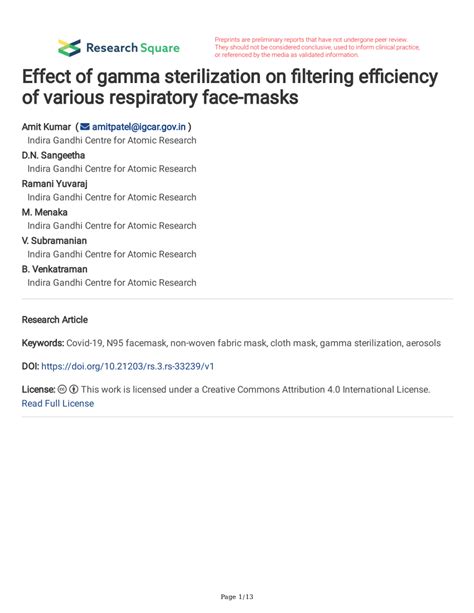 Pdf Effect Of Gamma Sterilization On Filtering Efficiency Of Various