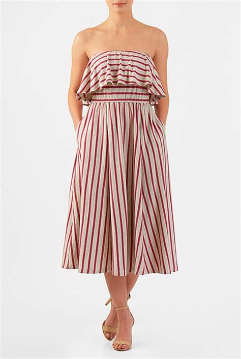 Shop Ruffled Strapless Stripe Cotton Knit Midi Dress Eshakti