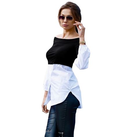 sexy off shoulder blouse shirts women black and white color block blouse lantern sleeves