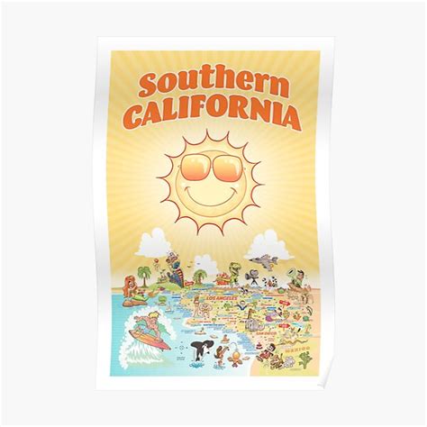 Sunny Cartoon Map Of Southern California Poster By Lines Redbubble