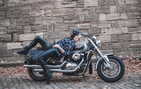 Beautiful Biker Woman Outdoor With Motorcycle Stock Image Image Of
