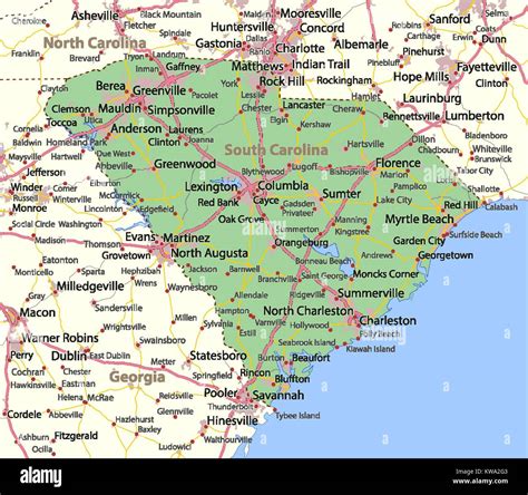 Karte Von South Carolina Zeigt Die Ländergrenzen Städtischen Gebieten