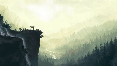 Wallpaper Japan Sunlight Forest Waterfall Fantasy Art Sky