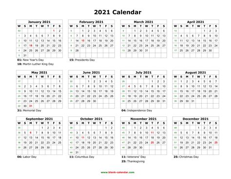 Landscape (horizontal), dates and weekdays at the top. 2021 Calendar One Page Printable | 2020calendartemplates.com