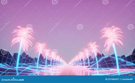 Synthwave Background With Palm Trees 3d Rendering Stock Illustration