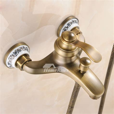 Faucet type:bathtub faucet, installation type:roman tub, installation holes:three holes, number of handles:two handles, finish:antique brass, style:antique, flow rate:1.8 gpm (6.81 l/min), cold and hot switch:yes, valve type:ceramic valve, overall height:140 mm(5.51 ), spout height:75mm. Brushed Best Bathtub Faucet Vintage Antique Brass Wall Mount