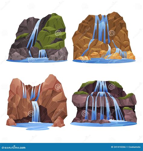Waterfall Water Cascade Or Mountain River Fall Stock Vector