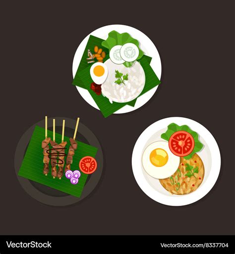 Indonesian Malaysian Food Nasi Goreng Lemak Sate Vector Image