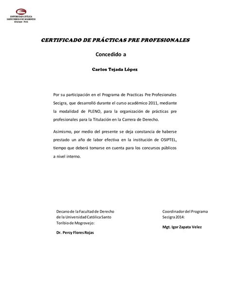 Certificado De Prácticas Pre Profesionales Corregido By Freyzer Cubas