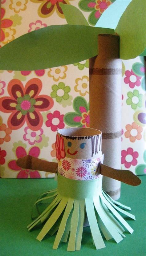 Hula Girl Paper Roll Craft With A Paper Roll Palm Tree Luau Crafts Hawaii Crafts Themed Crafts