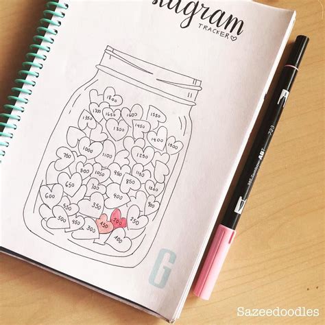 Bullet Journal Instagram Tracker Jar Filled With Hearts Drawing