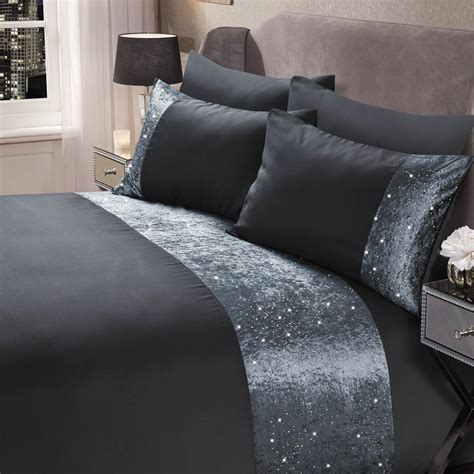 Sienna Glitter Crushed Velvet Band Duvet Cover With Pillowcase Bling