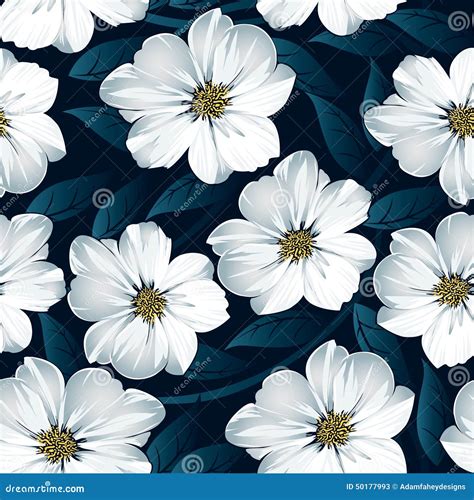White Floral Seamless Pattern With Blue Leaves Stock Vector