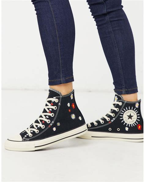 Converse Chuck Taylor All Star Hi Black Embroidered Floral Sneakers Lyst