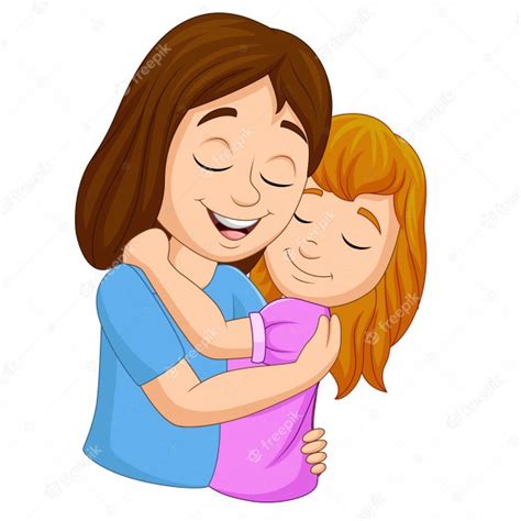 Madre Feliz De Dibujos Animados Abrazando A Su Hija