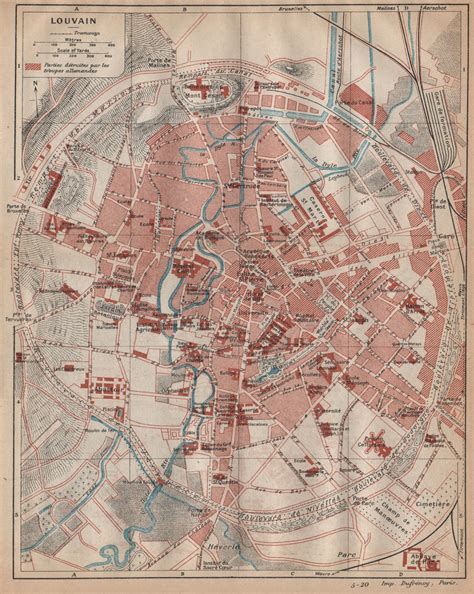 Louvain Leuven Vintage Town City Map Plan Belgium 1920 Old Antique