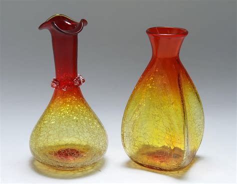 Blenko Amberina Crackle Glass Vases 2 Barnebys