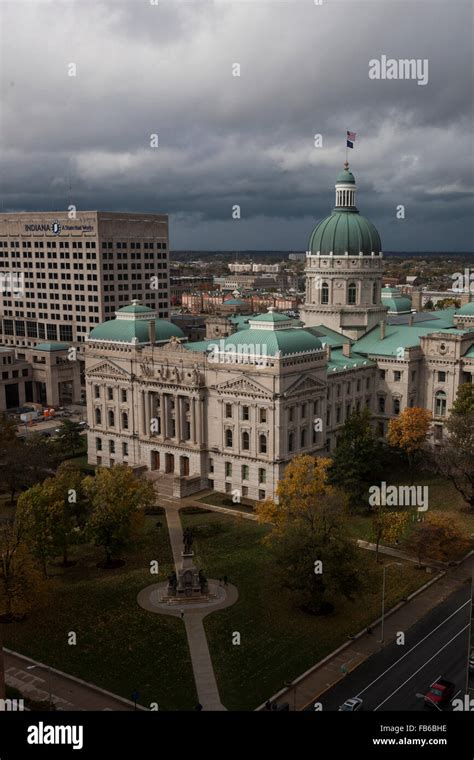 Aerial View Of Indiana State Capitol With Cloudy Sky Indianapolis