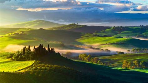 X Wallpaper Italy Tuscany Fields Trees Top View Fog