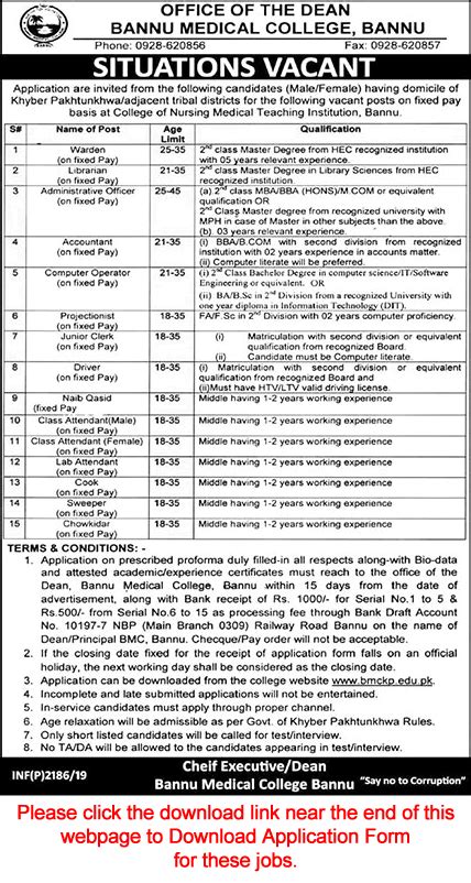 Bannu Medical College Jobs May 2019 BMC Application Form Latest In