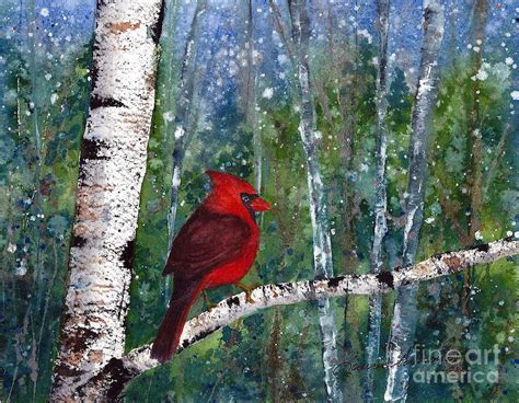 Winter Cardinal In Birch Tree Painting By Laura Tasheiko