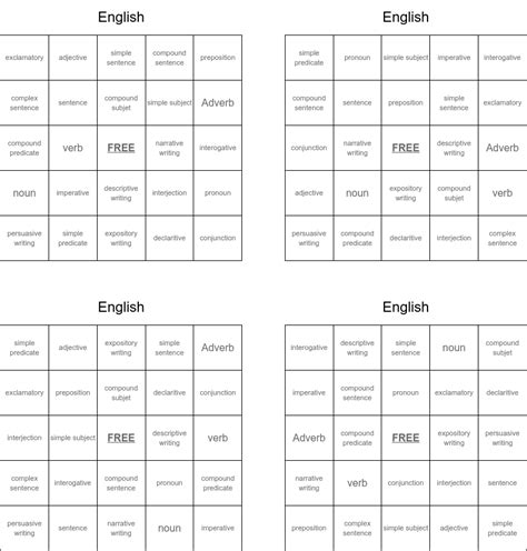 English Bingo Cards Wordmint