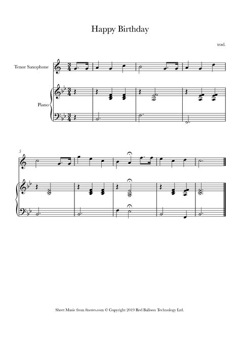 Happy Birthday To You Sheet Music For Tenor Saxophone