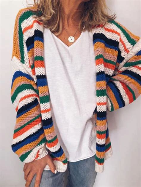 Colorful Stripe Sweater Open Front Short Cardigan Multi Color Stripes