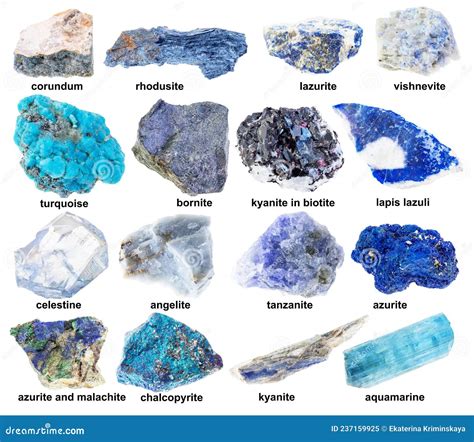 Set Of Various Blue Raw Minerals With Names Stock Image Image Of