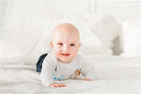 Adorable Baby Boy Lying On His Stomach And Smiling Stock Image Image