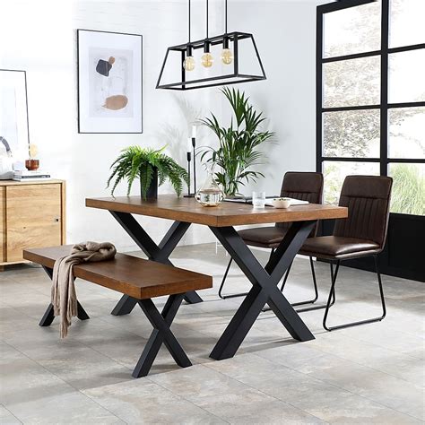 Franklin Cm Industrial Oak Dining Table And Bench With Flint Vintage Brown Leather Chairs