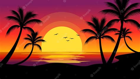 Premium Vector Illustration Of Ocean Sunset With Coconut Tree Silhouette