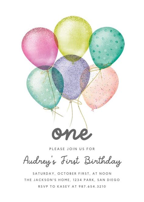 Whimsical Glitter Balloons Birthday Invitation Template Greetings