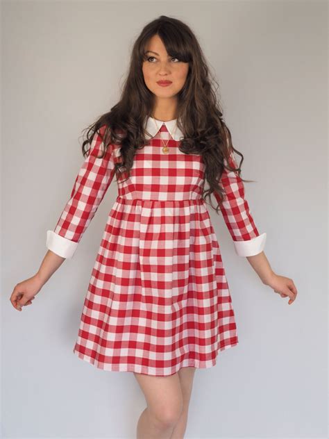 Red And White Gingham Collar And Cuffs Dress