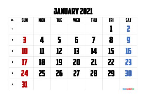 January 2021 Calendar Free Printable 6 Templates