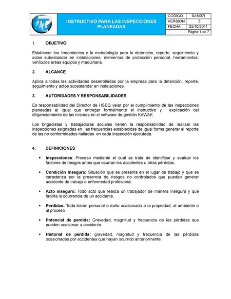 Sam I Instructivo De Inspecciones Planeadas Instructivo Para Las