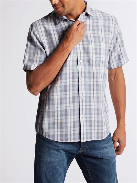 Marks And Spencer M White Mens Pure Cotton Checked Short Sleeve