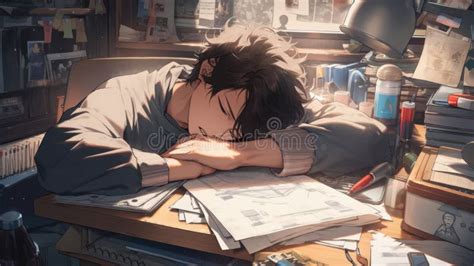 Anime Boy Studying Book In Nature Anime Man In Desk Working Anime Boy