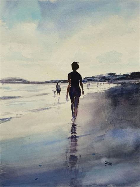 A Painting Of People Walking On The Beach