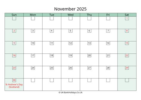 November 2025 Calendar Printable With Bank Holidays Uk