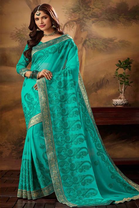 Turquoise Embroidered Chiffon Saree With Blouse Indian Women Fashions