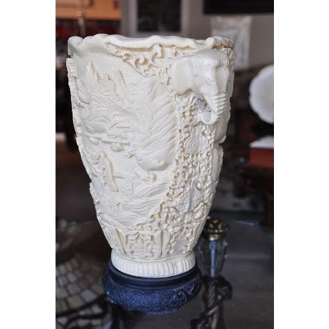 Vintage Faux Ivory Asian Vase With 3d Relief Carvings And Elephant Head