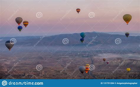 Hot Air Balloon Flying Over Spectacular Cappadocia Tourists Enjoy The