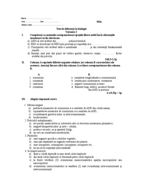 Test Biologie Clasa Ix