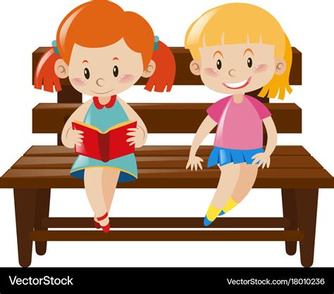Two Girls Sitting On Wooden Bench Royalty Free Vector Image