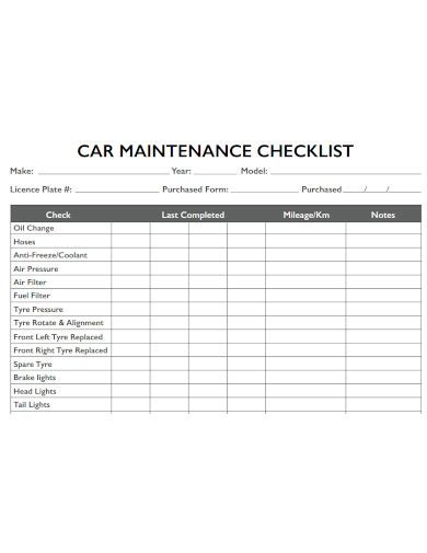 Free Car Maintenance Checklist Samples Wash Engine Road Trip