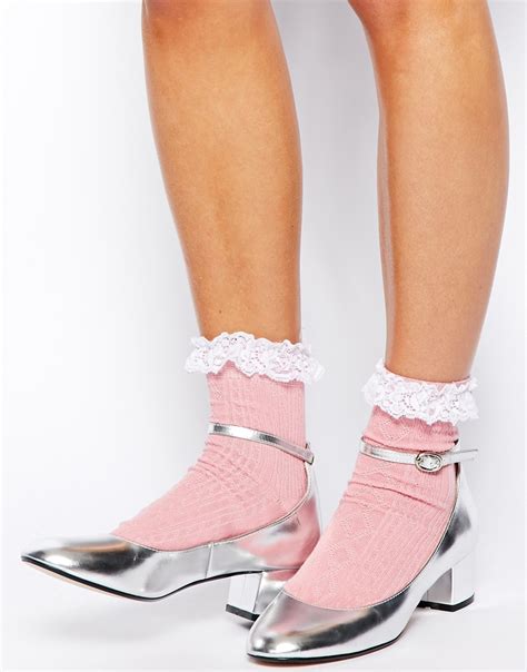 Lyst Asos Lace Trim Ankle Socks In Pink