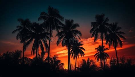 Silhouette Palm Trees Back Lit By Sunset Generated By Ai Stock Image Image Of Climate Sunrise