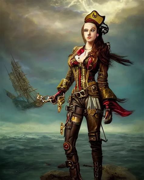 A Beautiful Young Female Steampunk Pirate Wearing Stable Diffusion